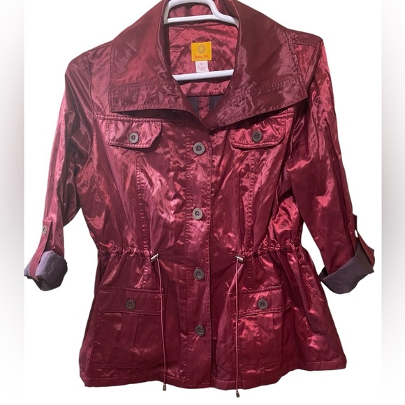 Metallic Red Utility Cargo Raincoat Button Front Drawstring Ruby Rd Size 18 - Picture 2 of 15